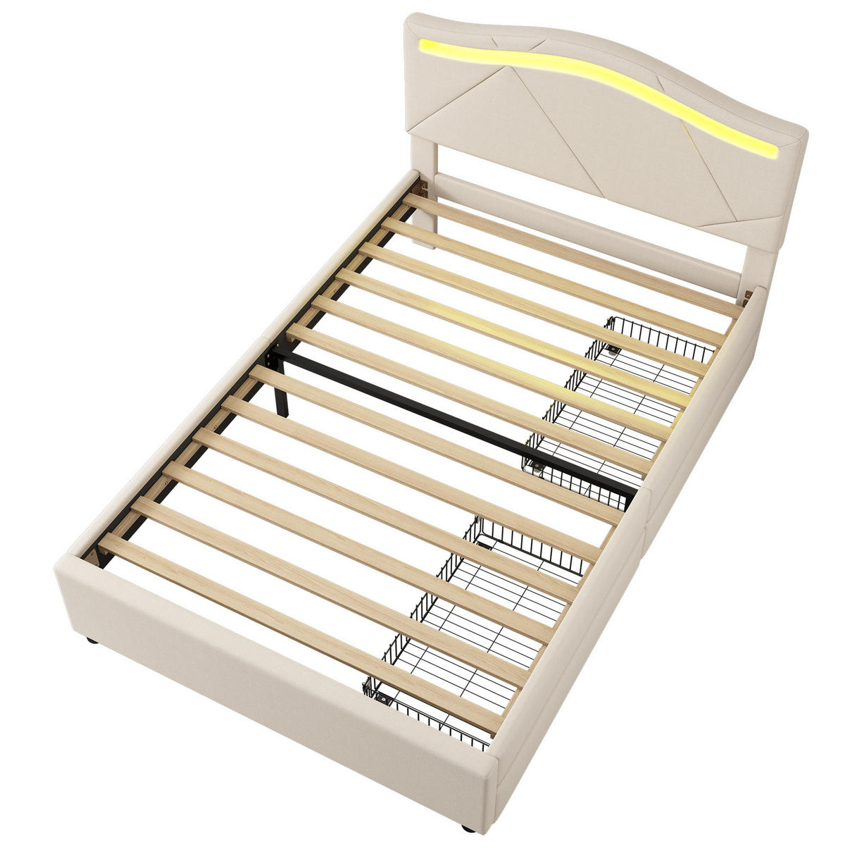 POLSTERBETT aus Leinen 90x200 cm in Beige mit LED-Beleuchtung & 2 Schubladen - Beige, Textil (90/200cm) - Modfu