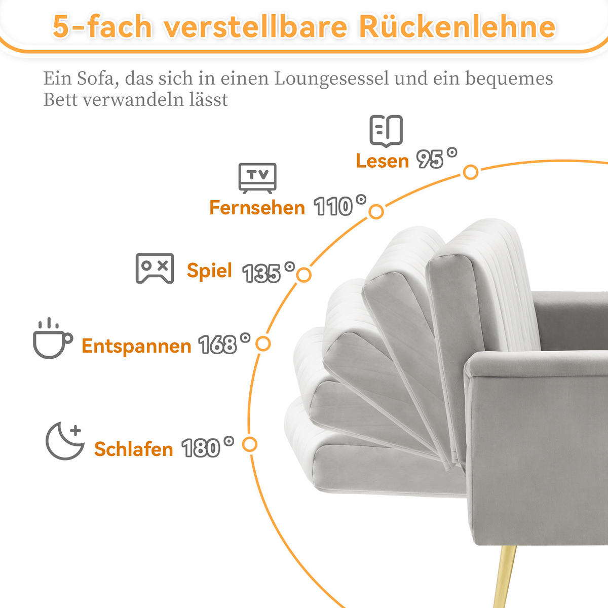 SOFA Schlaffunktion Klappbar Samtstoff Hilfsfüße Modern Gästezimmer - Grau, Holz (83.82/24.77/43.69cm) - FLIEKS