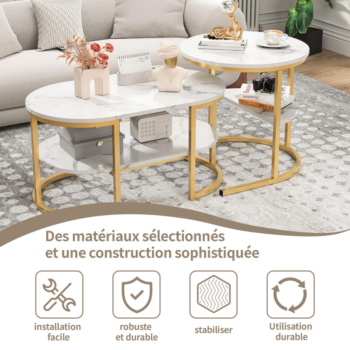 COUCHTISCH 2er Set Metall Ablage Wohnzimmertisch gold - Goldfarben, Holz (46/80/41cm) - LEBENLANG