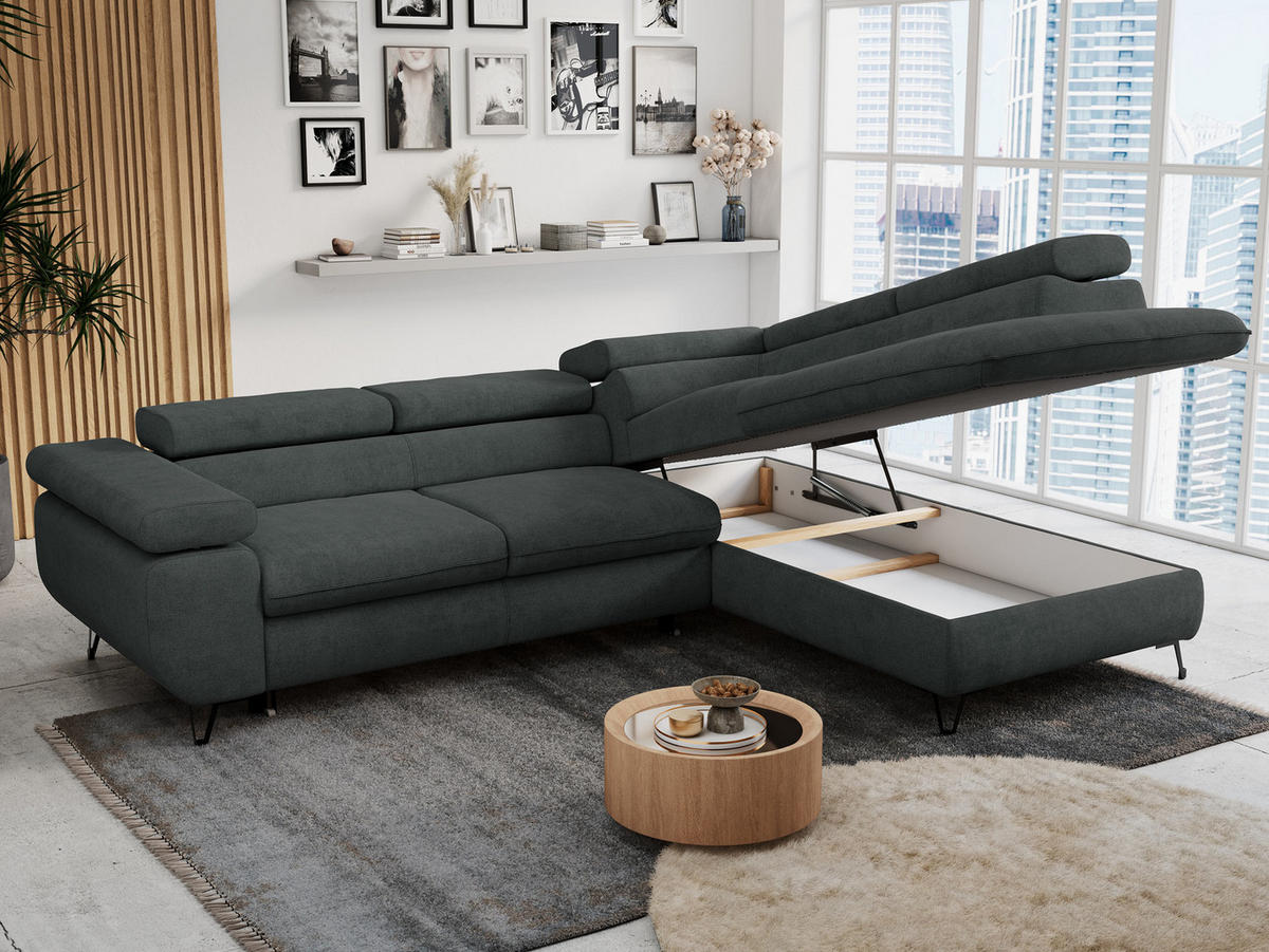 ECKSOFA PETER L Dunkelgrau Struktur - Rechts Seite - Dunkelgrau/Schwarz, Textil/Metall (273/208cm) - MKS