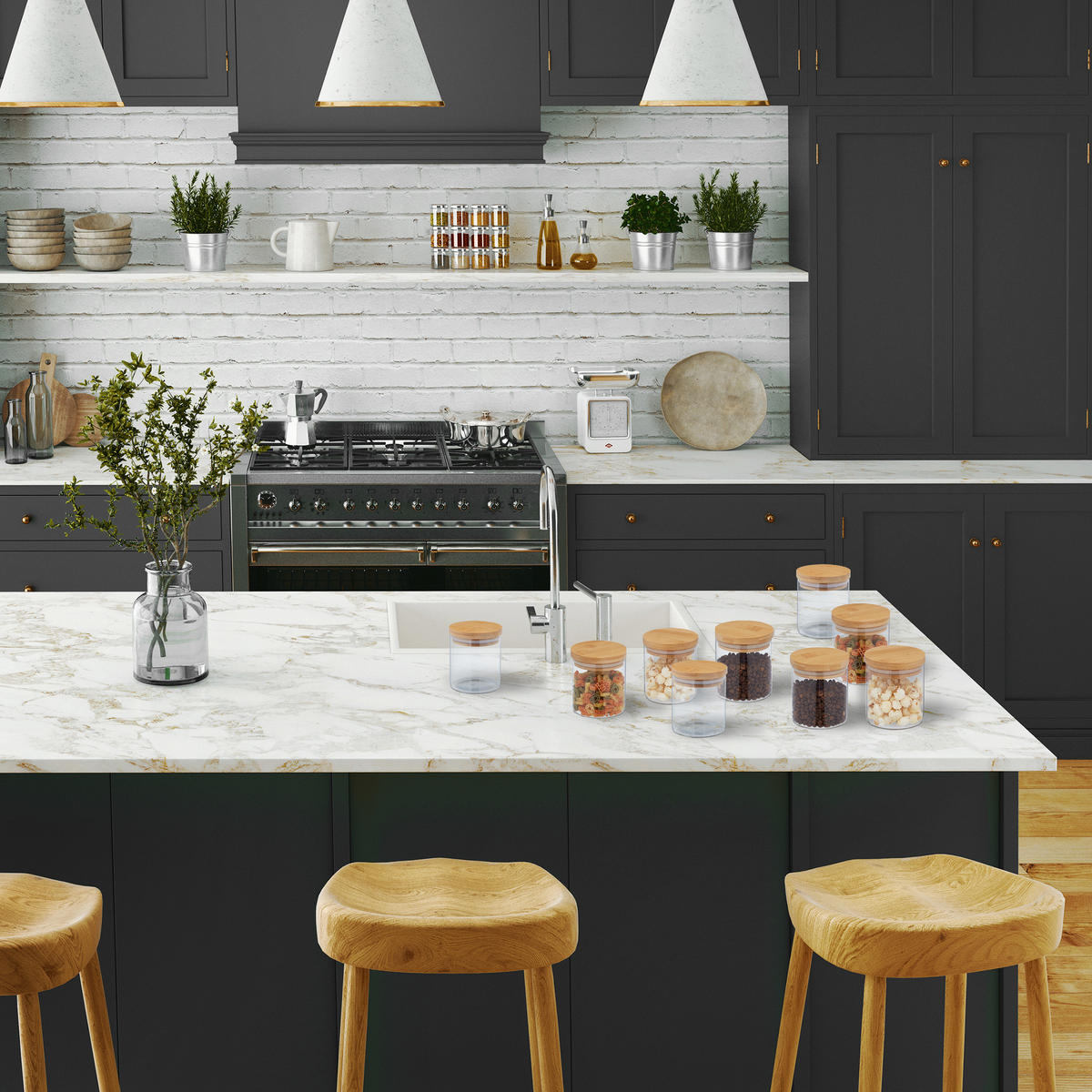 9xVORRATSGLAS - Transparent, Glas/Holz (10/10.5/10cm) - Relaxdays