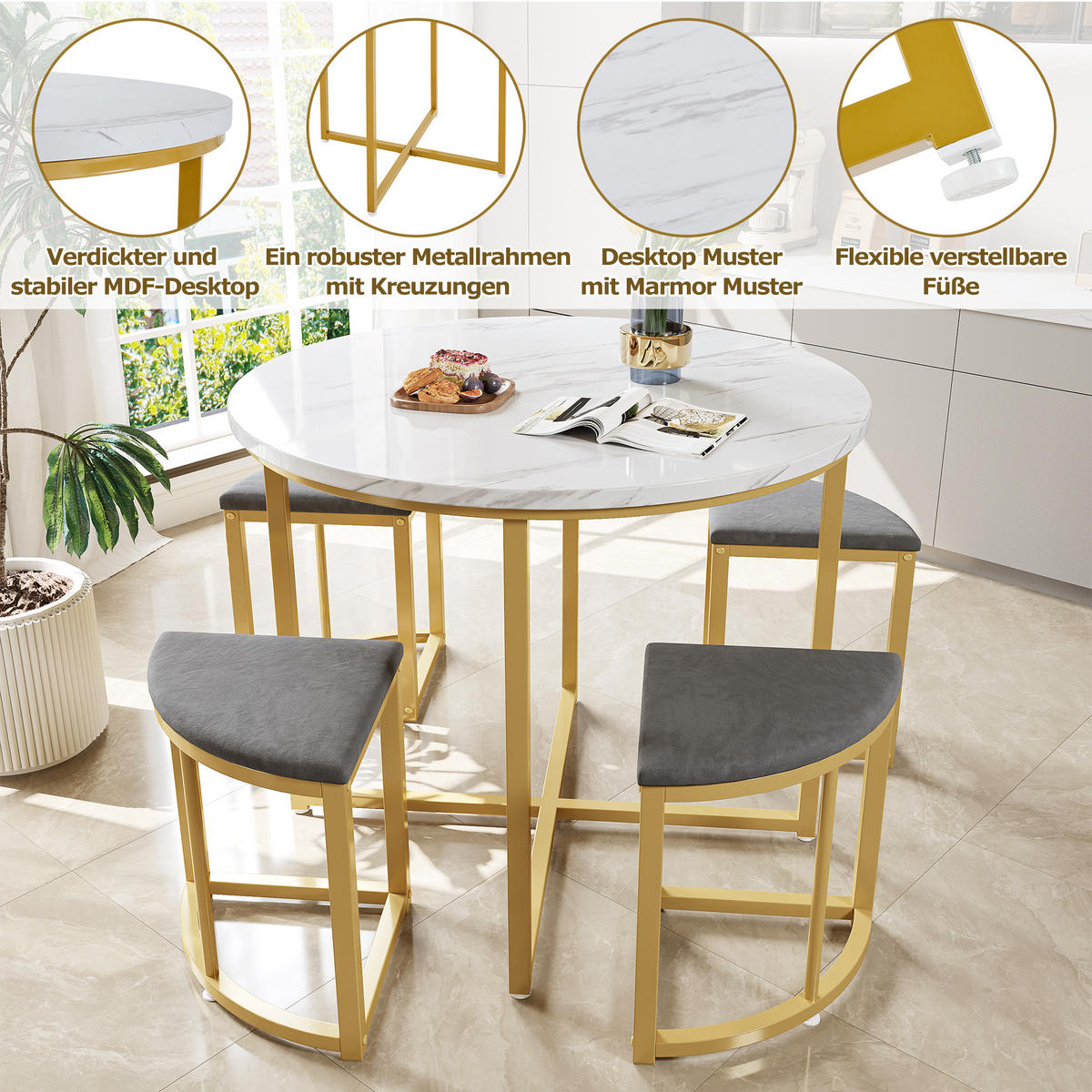 ESSTISCH mit 4 Stühlen Grau - Grau, Holzwerkstoff/Textil (80/80/75cm) - Urban Meuble