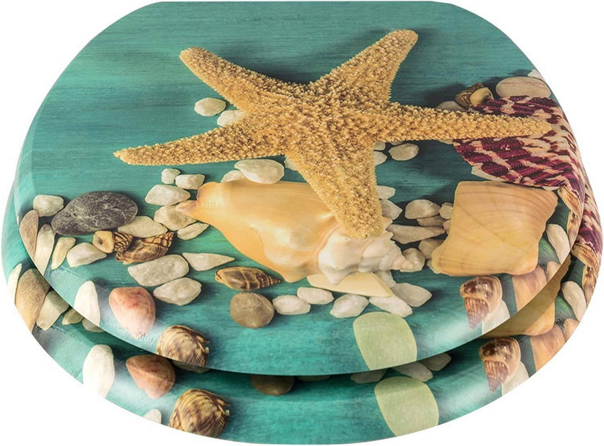 WC SITZ mit Absenkautomatik, MDF Holzkern,Groß Seestern - Gelb/Grün, Holzwerkstoff (37/2.5/43cm) - Woltu