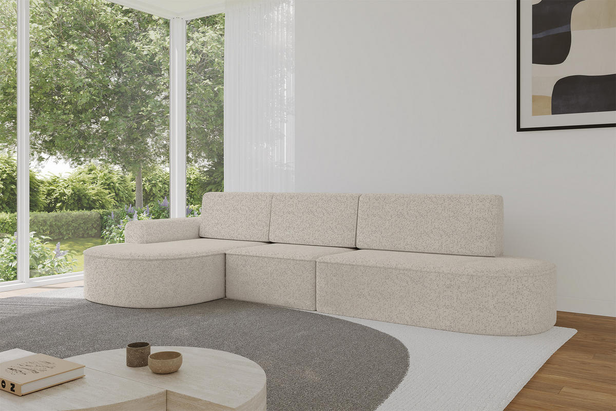 ECKSOFA mit Schlaffunktion Ottomane Links MARI L2-S 368X167X85 Beige Velours - Ecru/Schwarz, Holzwerkstoff/Kunststoff (368/167cm) - ALTDECOR