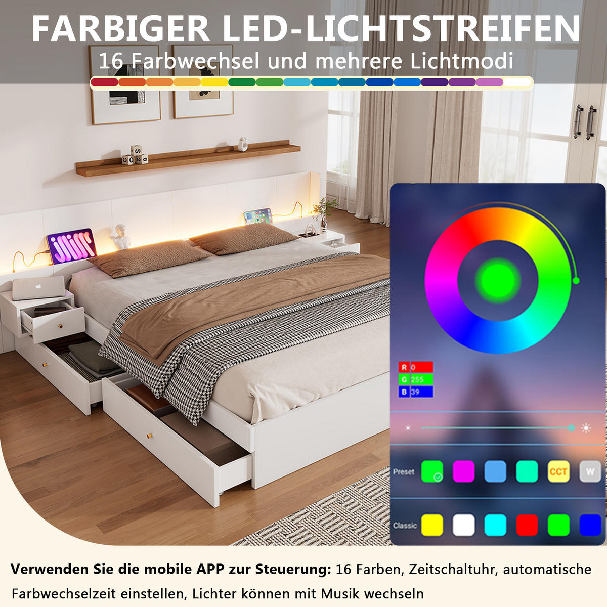 DOPPELBETT aus MDF 180x200 cm Weiß mit LED-Beleuchtung, USB-Anschlüssen, Steckdosen und Stauraum - Weiß, Holzwerkstoff (180/200cm) - IVMEU