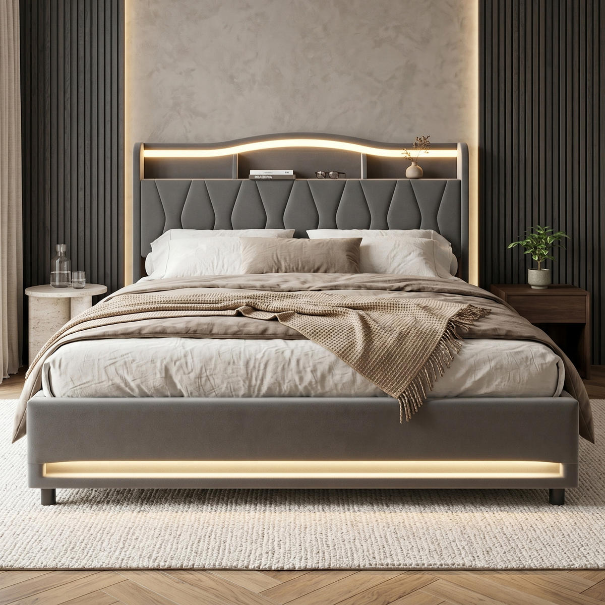 POLSTERBETT Geometrisch 160/200 cm mit 4 Schubladen & App-LED Samtoptik Grau - Grau, Textil (160/200cm) - Creahappy