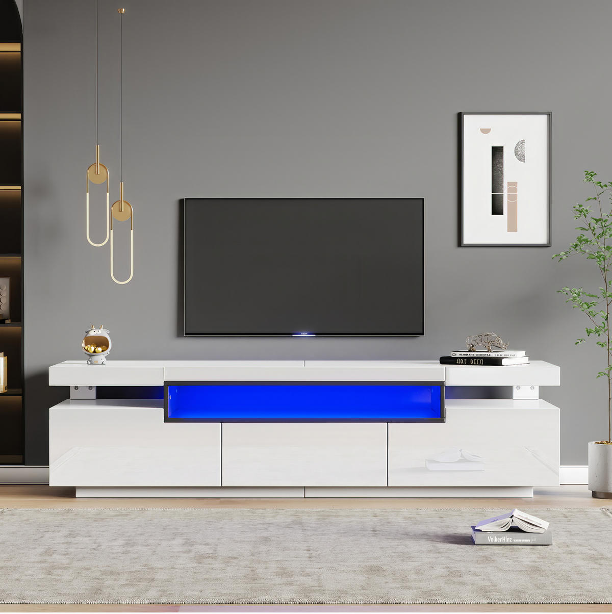 TV-SCHRANK aus Holzwerkstoff 160x39x42 cm Weiß mit 3 Schubladen, LED-Beleuchtung und Hochglanzfront - Weiß, Holzwerkstoff (160/42/39cm) - Modfu