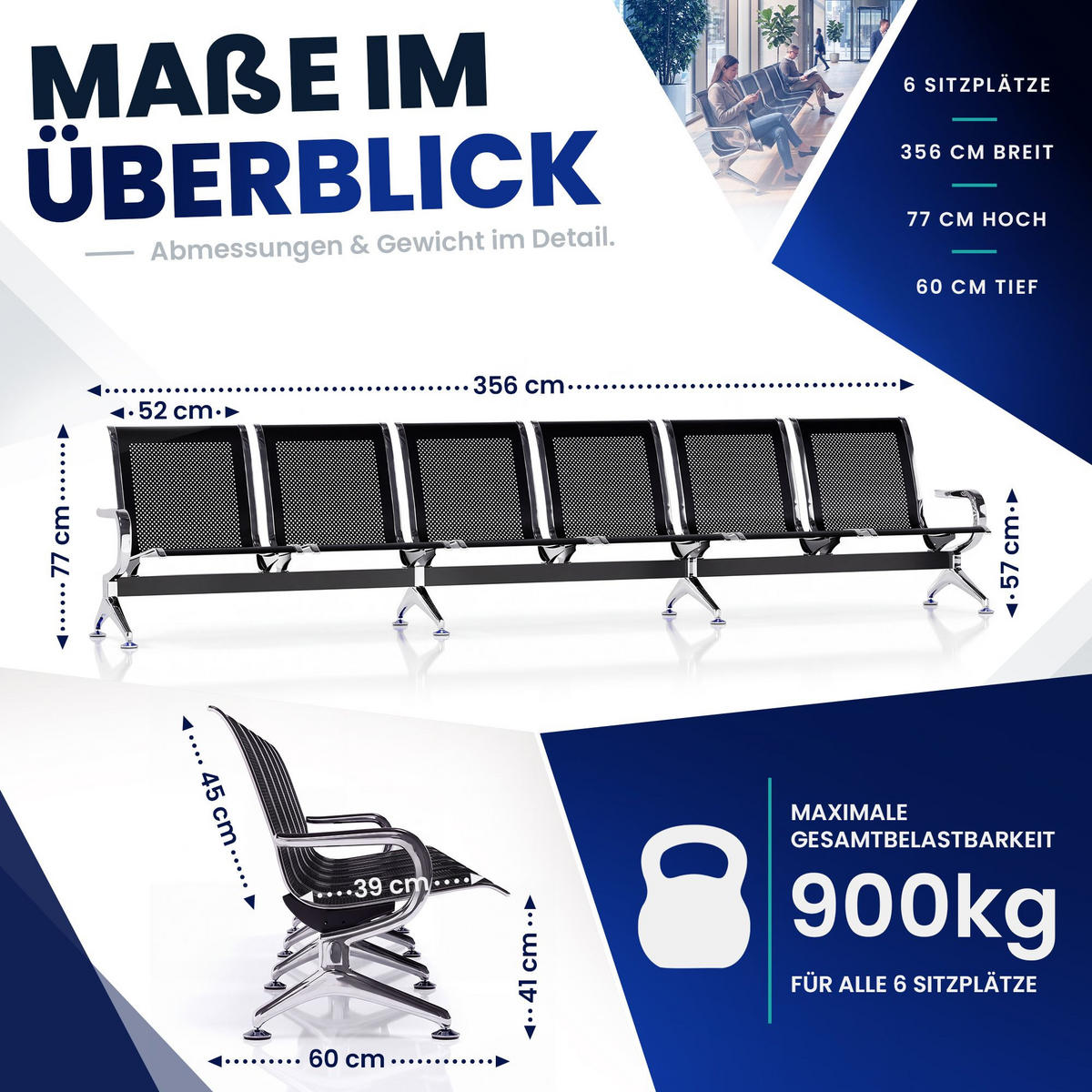 WARTEBANK Metall Schwarz - Chromfarben/Schwarz, Metall (356/77/60cm) - CLP