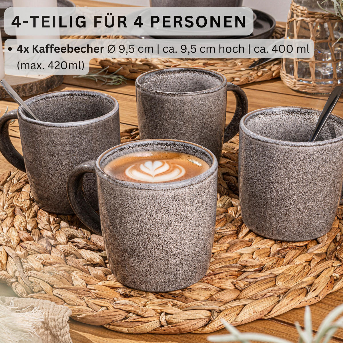 KAFFEEBECHER SET KAIRO MONDGRAU - 4 teilig aus Steingut - Dunkelgrau, Keramik (0.4L) - Sänger