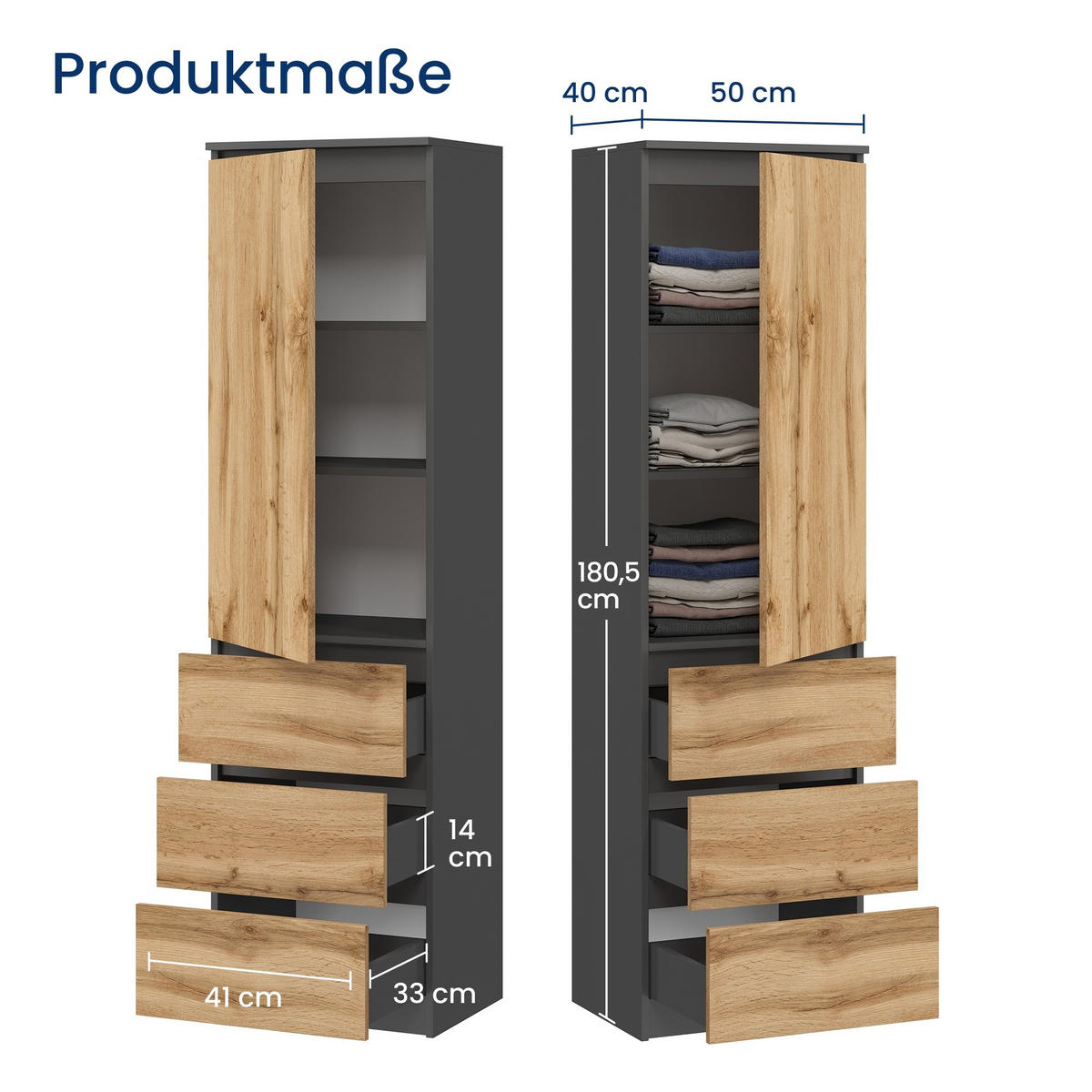 KLEIDERSCHRANK in Anthrazit - Eichefarben/Anthrazit, Holzwerkstoff (50/180.5/40cm) - Home Collective