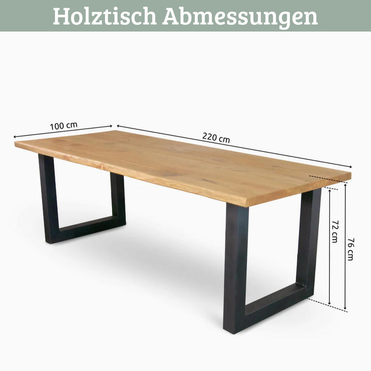 ESSTISCH Massivholz mit Baumkante RAGNAR 220x100 cm Eichenholz U-Tie Gestell - Braun, Holz/Metall (100/220/76cm) - DELUKE