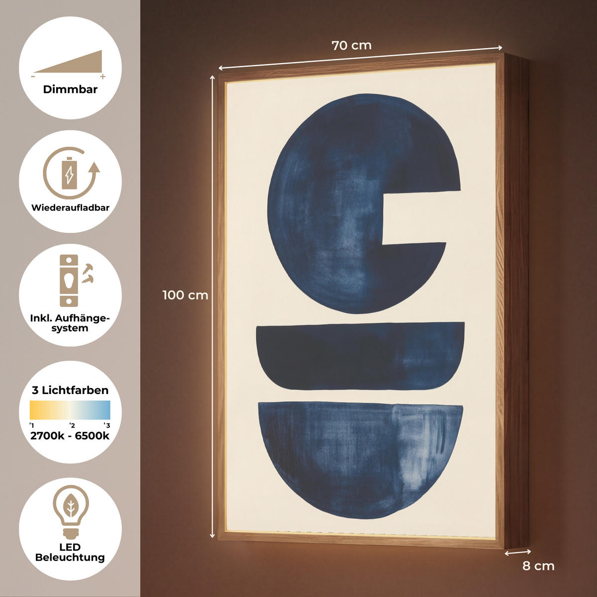 NÁSTĚNNÁ LAMPA S AKUMULÁTOREM Tvary - modrá - abstraktní 70x100 cm - tmavě modrá, kompozitní dřevo (70/100/8cm) - OnlyWow