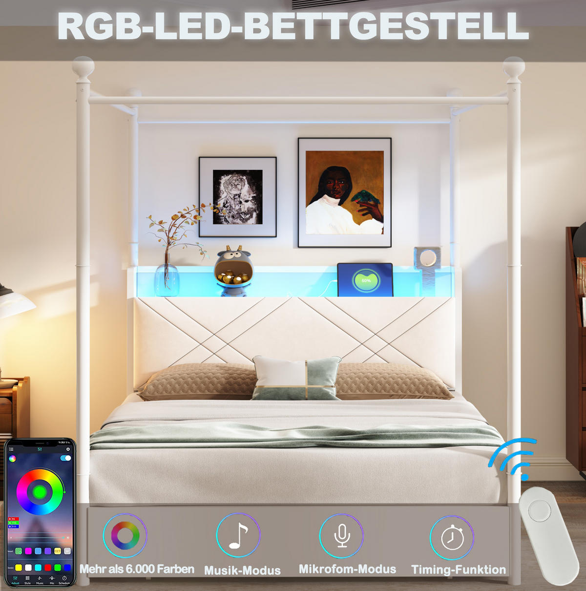 METALNI krevet 140/190 cm s uklonjivim baldahinom, LED osvjetljenjem, USB/Type-C priključcima i spremištem, Bijela - bijela, metal (140/190cm) - Redom