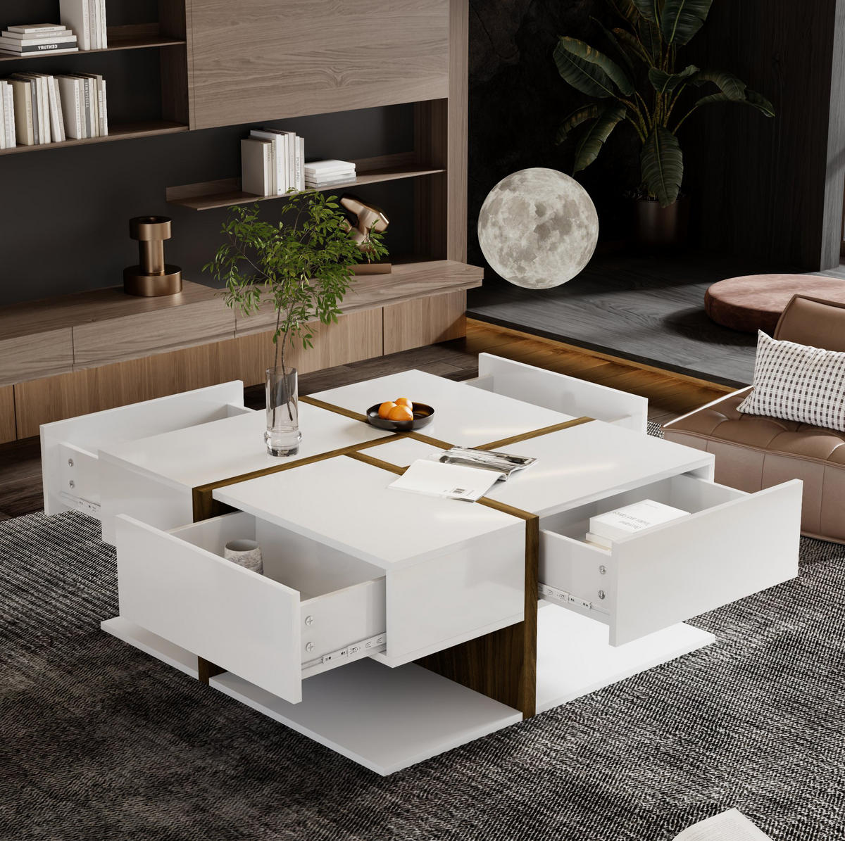 COUCHTISCH aus Spanplatte 78x78x34,8 cm Weiß und Holzfarbe mit 4 Schubladen und Hochglanzoberfläche - Weiß, Holzwerkstoff (78/78/34.8cm) - IVMEU