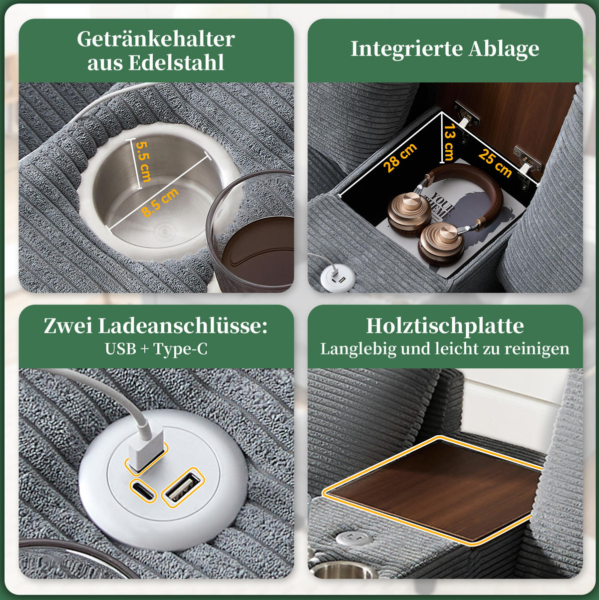 ECKSOFA Cord mit Konsole USB-Anschluss und Becherhalter 229/149,5/83 cm Grau - Grau, Kunststoff/Textil (83/149.5cm) - Redom