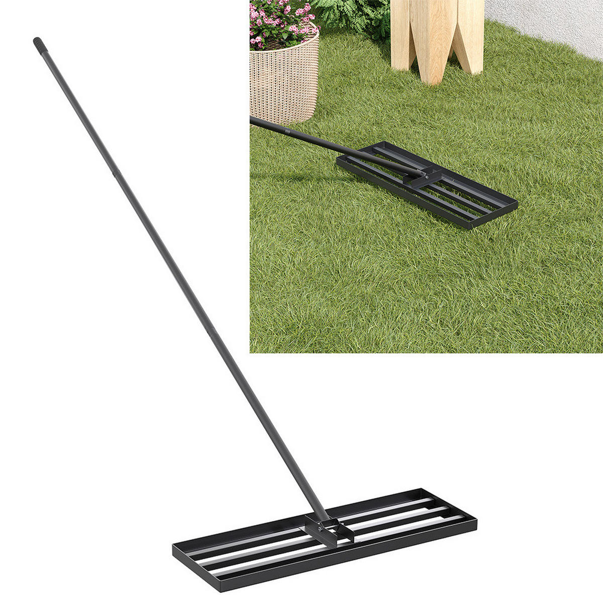 RASENRECHEN aus Kohlenstoffstahl in Schwarz zerlegbar dreiteiliger Stiel platzsparend langlebig 76 x 25 x 213 cm - Schwarz, Metall (76/213cm) - Livingandhome