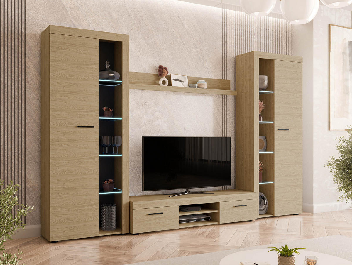 WOHNWAND Rumba XL mit LED Beleuchtung - Eichefarben, Holzwerkstoff (300/190/40cm) - MIRJAN24