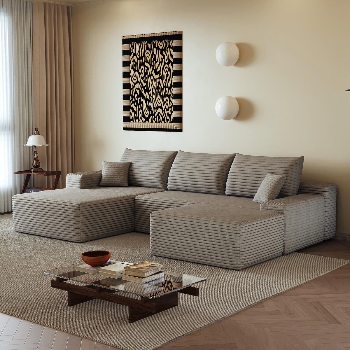 WOHNLANDSCHAFT DE-34857 U-Form 2-Sitzer Chaiselongue links Camel - Sandfarben, Textil (175/83/270cm) - ComfortXL