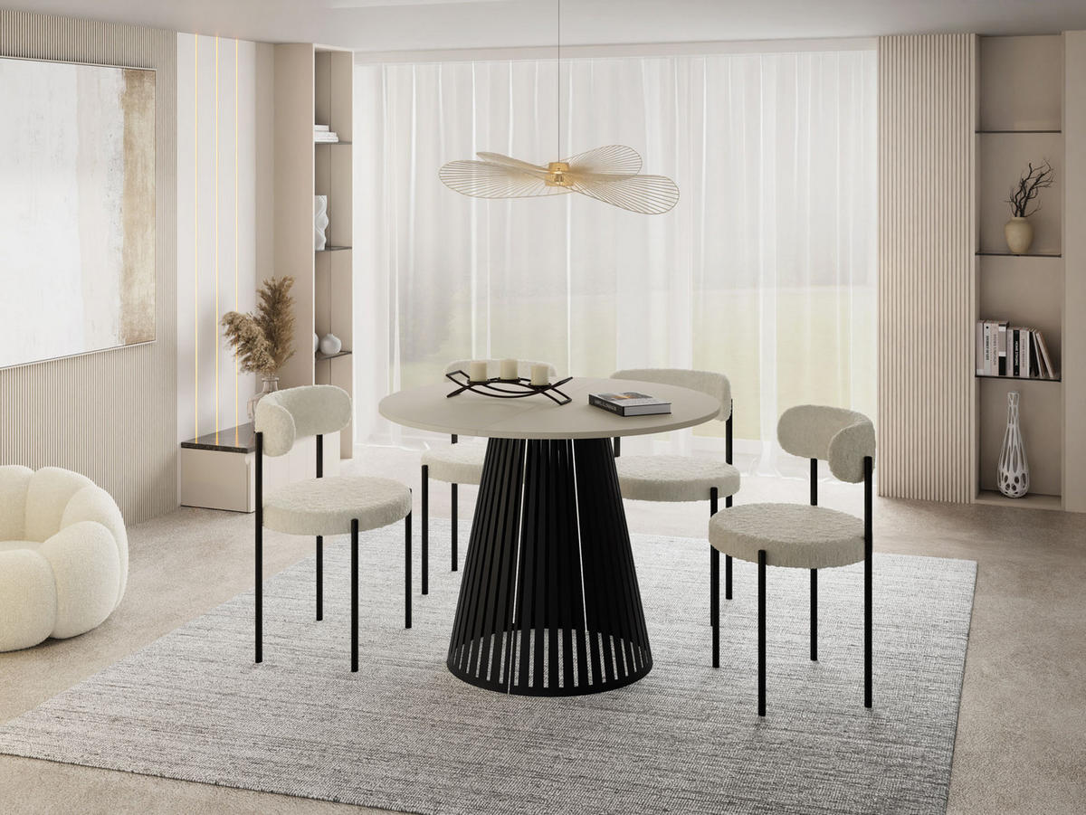 ESSTISCH Naro rund ausziehbar mit Schwarzem Lamellen-Metallgestell, Beige Cashmere 120-200/120/76 cm - Kaschmir/Schwarz, Holzwerkstoff/Metall (120/120/76cm) - WFL GROUP