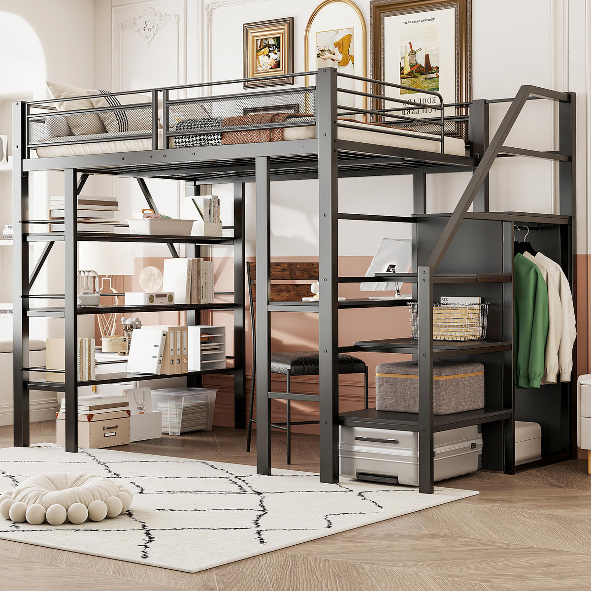 HOCHBETT 140/200 cm Schwarz mit Schreibtisch und Ablageregal aus Metall - Schwarz, Metall (140/200cm) - OKWISH