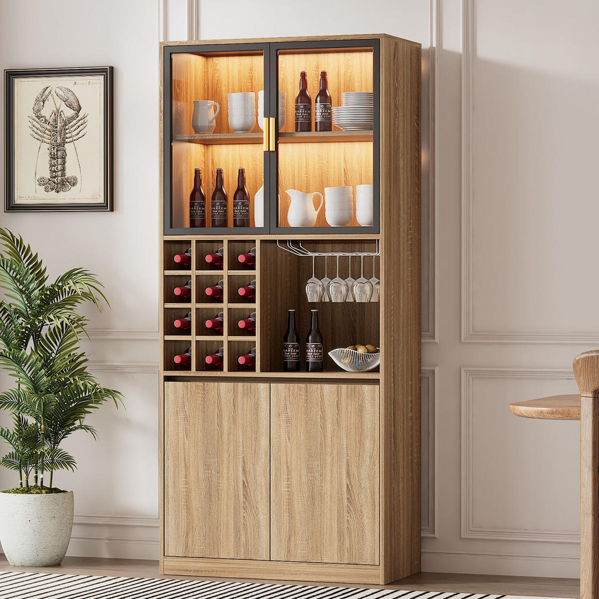 VITRINE mit Weinregal und LED - Hellbraun, Glas/Holzwerkstoff (40/180/80cm) - Urban Meuble