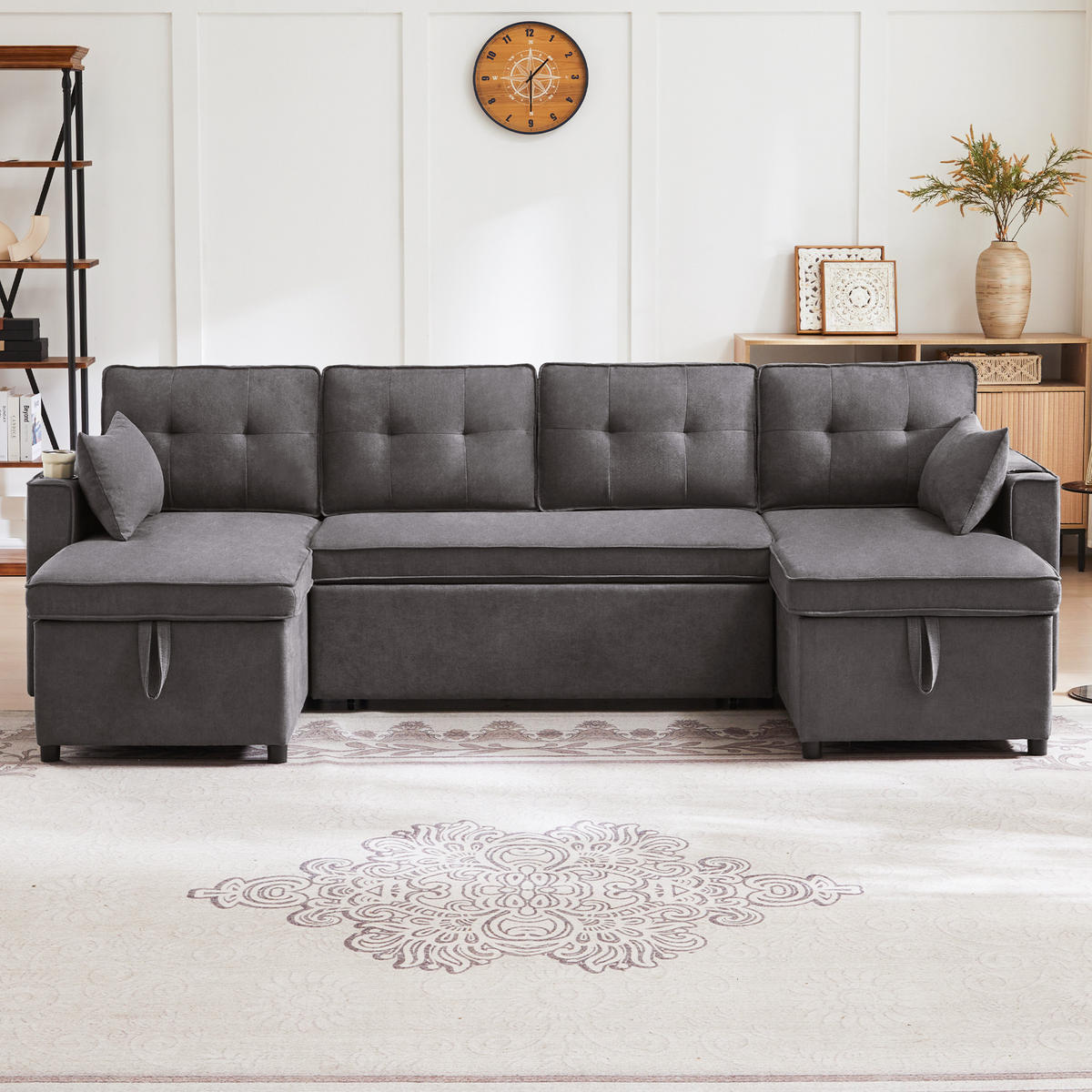 ECKSOFA U-Form Bettfunktion Baumwoll-Leinen Getränkehalter Stauraum Grau - Grau, Holz (123.01/19.71/65.51cm) - FLIEKS