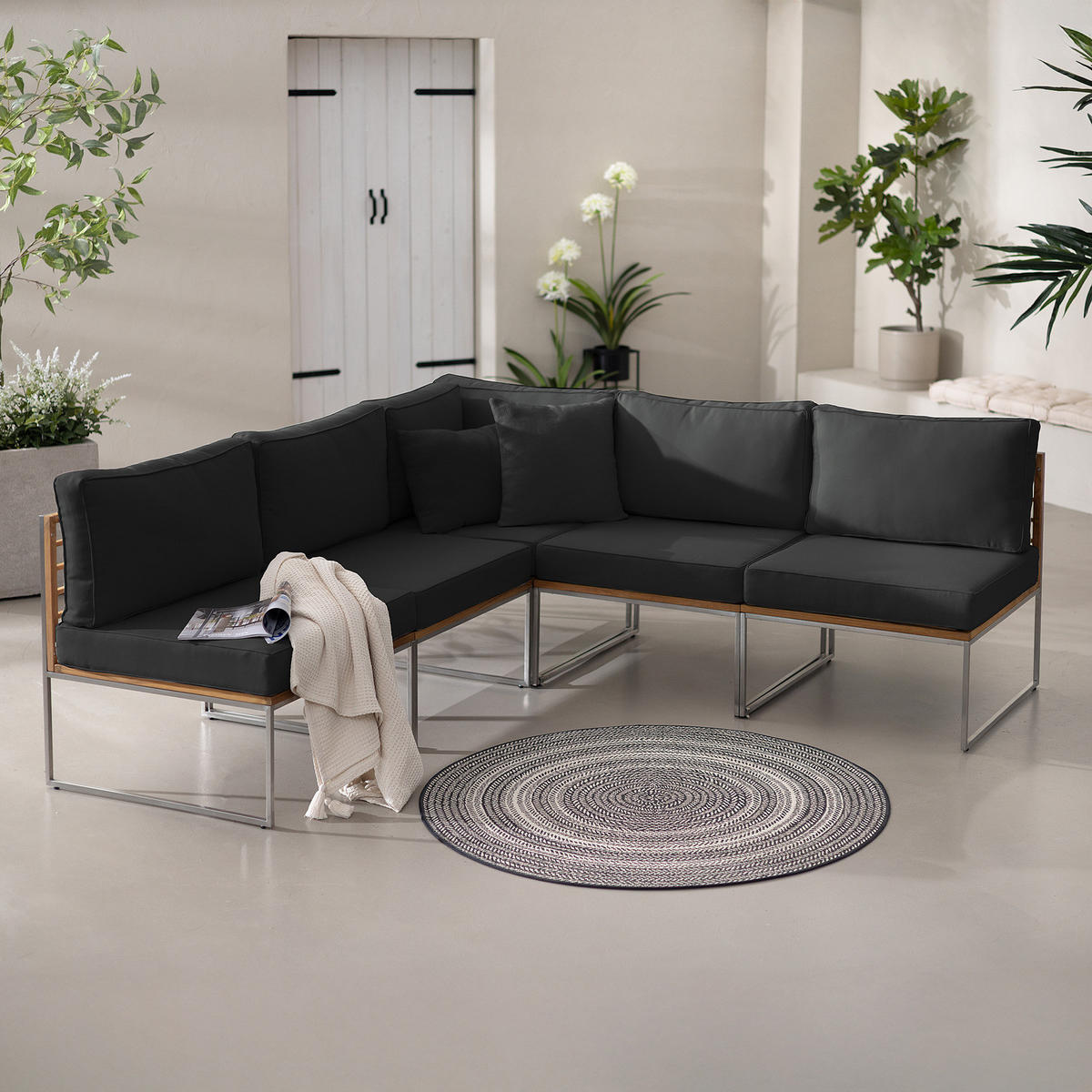 LOUNGESET - 5-teilig - Webstoff / Teak massiv - Anthrazit, Holz/Textil - home24