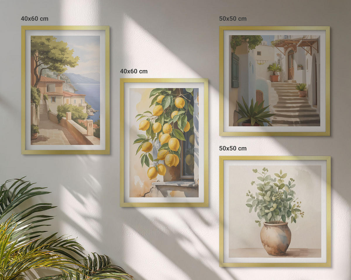 WANDBILDER 4er Set - 50x50 cm & 40x60 cm Goldrahmen - Blumen in einer Vase, ein Meer aus Zitronen - Goldfarben, Kunststoff (50/50cm) - ArtPrintCave