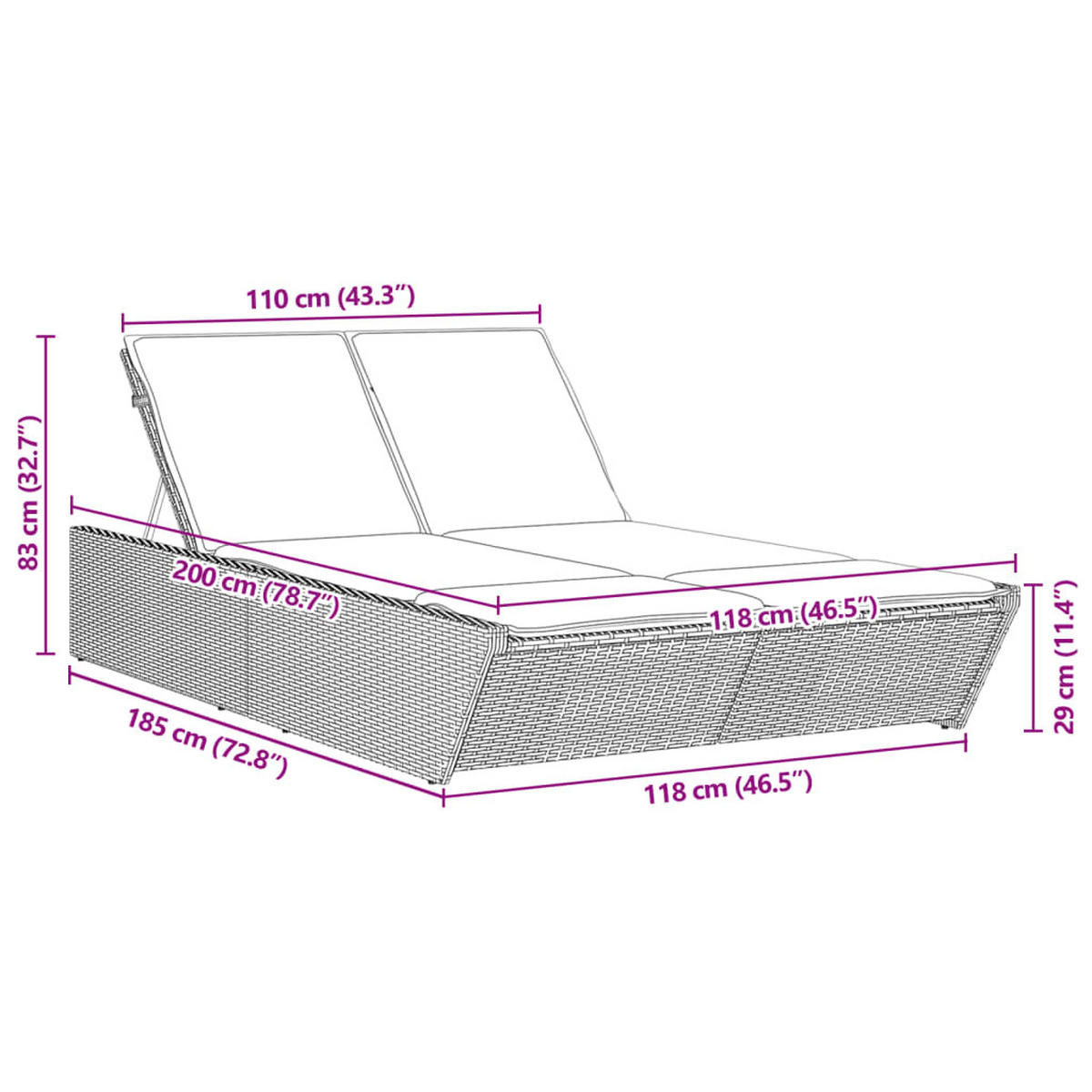 DOPPEL-SONNENLIEGE Mit Kissen Hellgrau Poly Rattan - Dunkelgrau, Kunststoff (200/83/118cm) - vidaXL