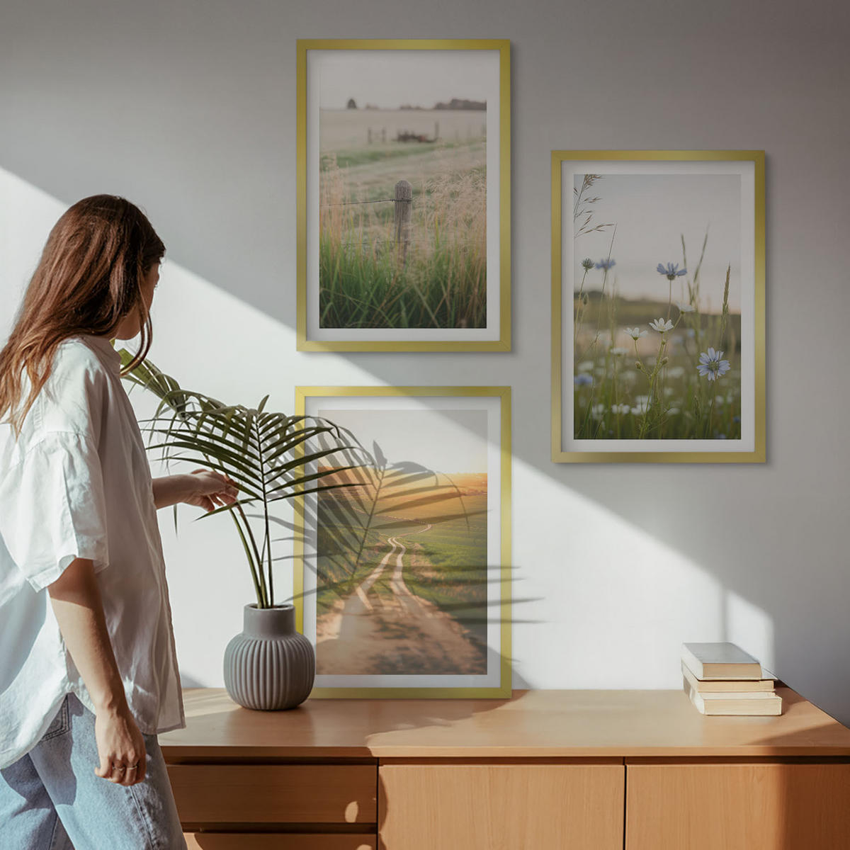 WANDBILDER 3er Set - 40x60 cm Goldrahmen - Landschaften Natur Felder Weg - Goldfarben, Kunststoff (40/60cm) - ArtPrintCave