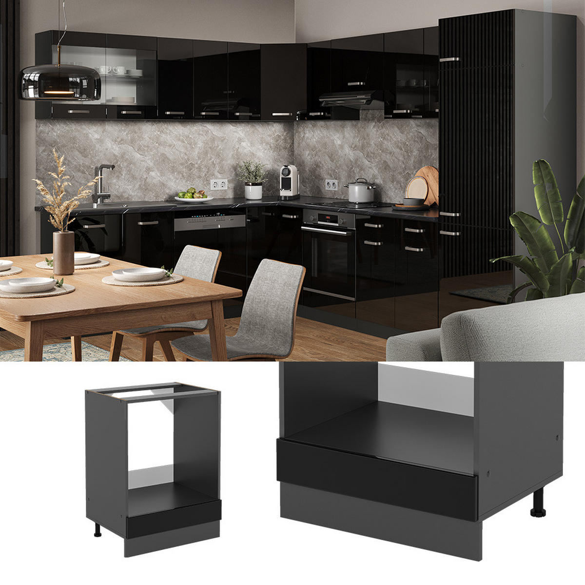 HERDUMBAUSCHRANK R-Line Schwarz Hochglanz 60 cm, AP Anthrazit - Schwarz Hochglanz/Anthrazit, Holzwerkstoff (60/81.6/60cm) - Vicco