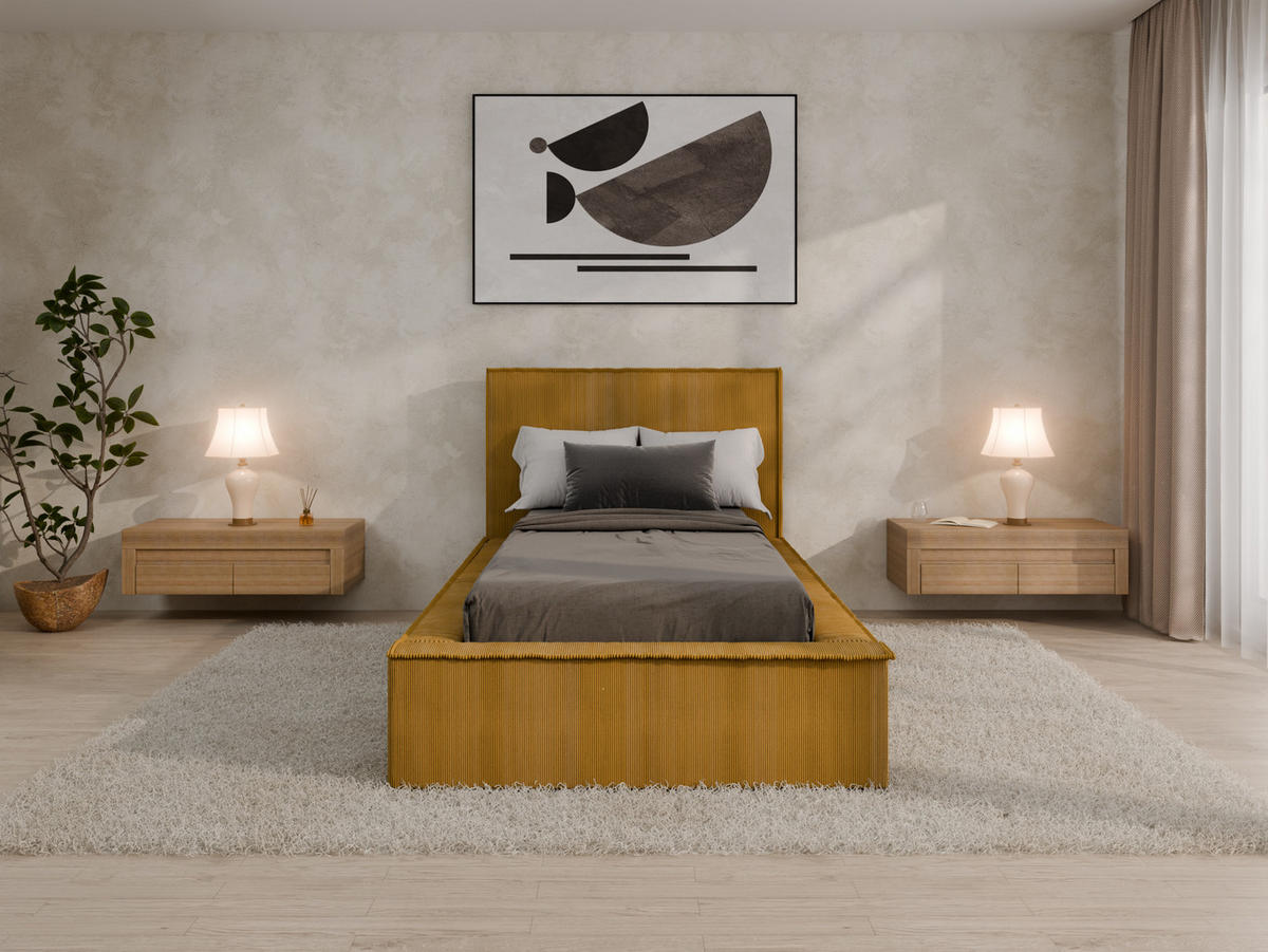 POLSTERBETT SANA 90x200cm Elegantes Polsterbett für modernen Wohnstil , Taschenfederkernmatratze mit kokos KORNOS (20cm), Currygelb - Currygelb, Holz (90/200cm) - Panda Möbel