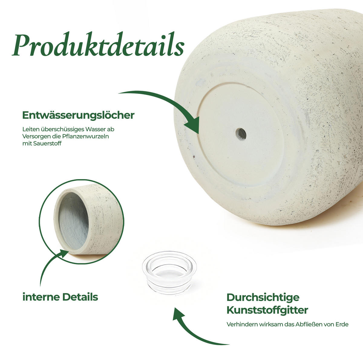 BLUMENTOPF groß & rund mit Ablaufloch, Ø 37 × H 35 cm, Creme - Weiß, Naturmaterialien (36cm) - Hometopia
