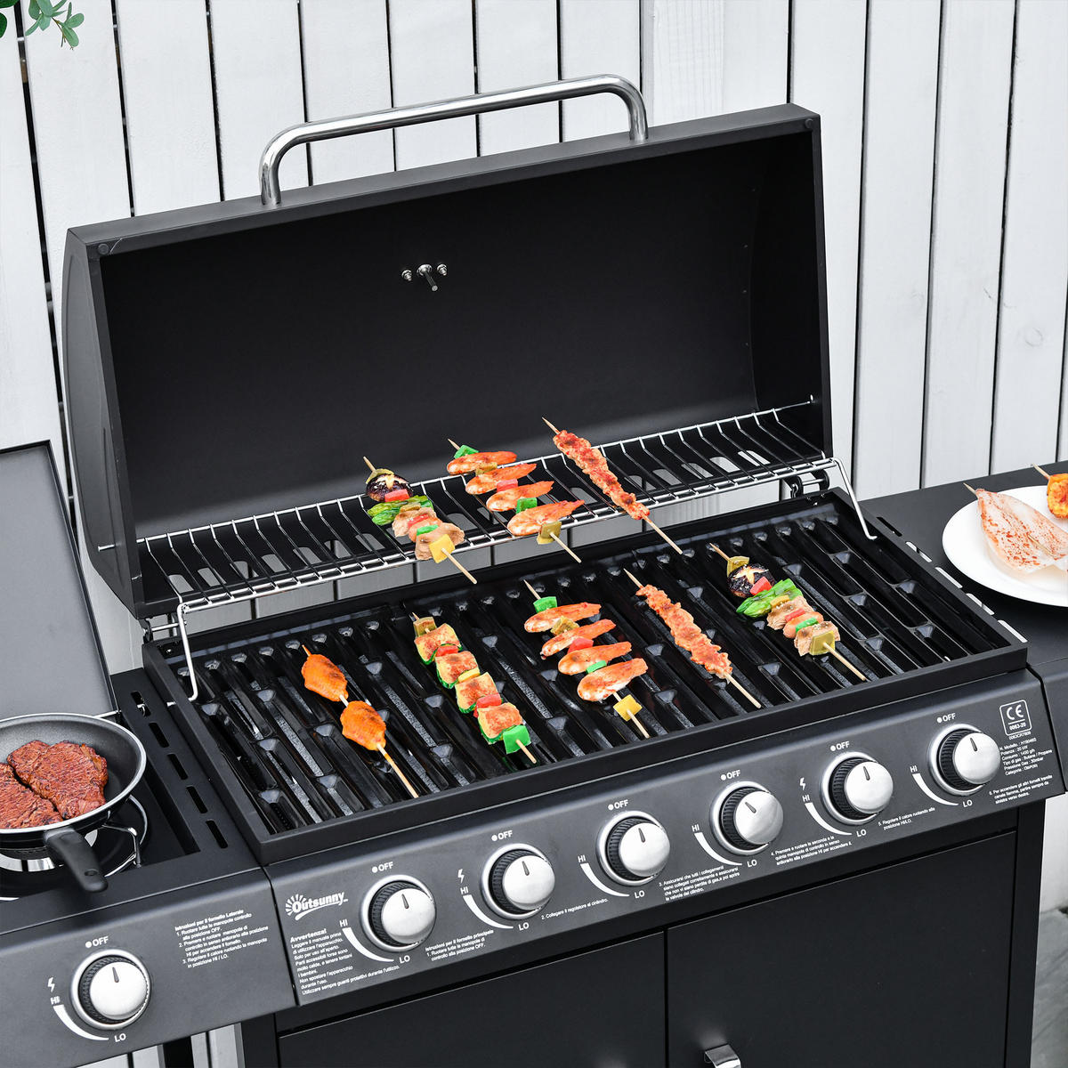 GASGRILL mit 6 Brennern 1 Seitenbrenner Schrank Multifunktion Metall Schwarz 135 x 50 x 100 cm - Schwarz, Metall (50/100/135cm) - Outsunny