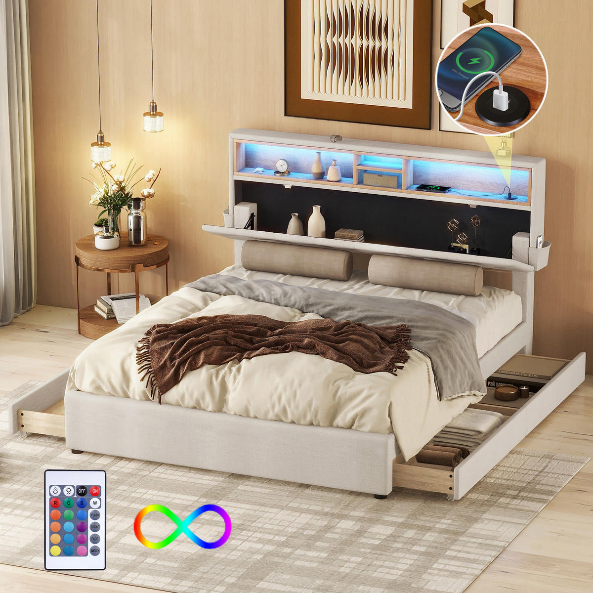 DOPPELBETT 140x200cm Beige Polsterbett LED USB 4 Schubladen Kopfteil - Beige, Holz (140/200cm) - FLIEKS