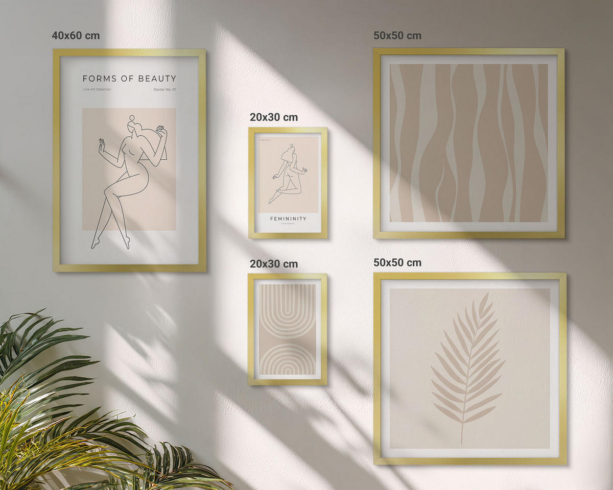 BILDER SET 5er Set - 50x50 cm & 20x30 cm & 40x60 cm Goldrahmen - Abstrakte Boho-Dekorationen - Goldfarben, Kunststoff (40/60cm) - TULUP