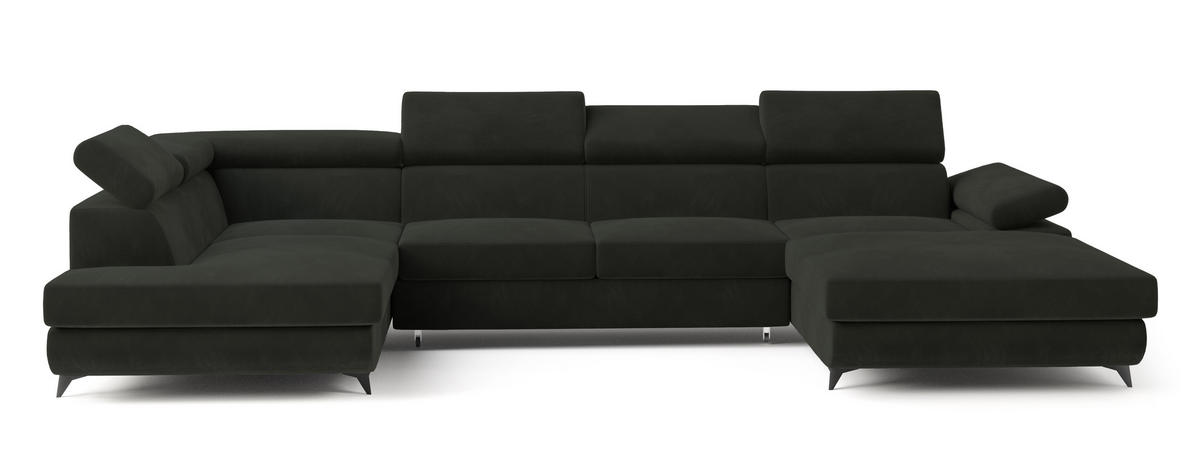 WOHNLANDSCHAFT RUBANO L-S Schwarz Velours-Stoff mit Schlaffunktion - Schwarz, Holz (339/89/190cm) - MASSENO