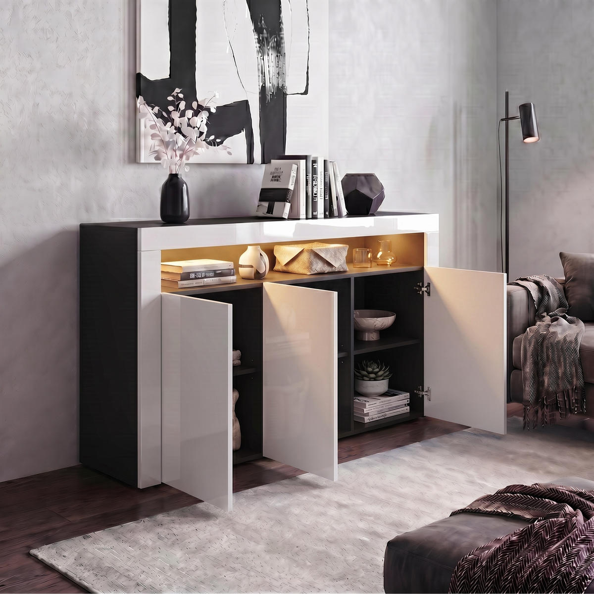SIDEBOARD Valencia Weiß Hochglanz / Weiß Hochglanz - Weiß Hochglanz, Holzwerkstoff (155/92/40cm) - Vladon