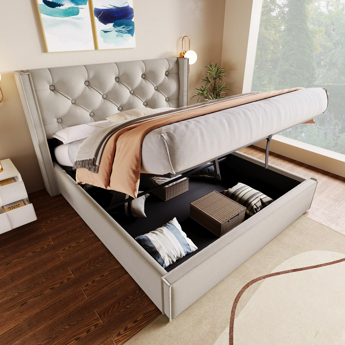POLSTERBETT 140/200 cm Hellgrau aus Baumwolle mit Bettkasten - Hellgrau, Textil (140/200cm) - OKMYHOME
