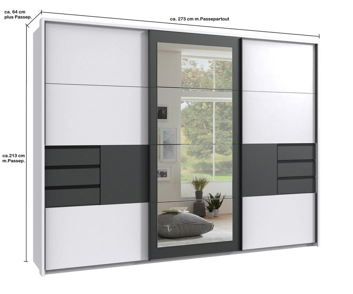 SCHWEBETÜRENSCHRANK 3-türig mit Passepartout, Spiegel, Schubladen, Vollausstattung, Weiß mit Absetzungen in Grafit, B273/H213/64 cm / 22505 - Schwarz/Weiß, Holzwerkstoff/Metall (273/213/64cm) - luma-home