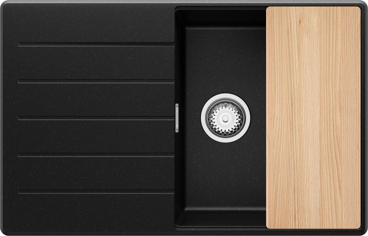 SPÜLBECKEN Kopenhagen, 2-er set Schwarz Metallic 78/50 cm 1 Becken + Ablauf-Set + Schneidebrett ab 50er Unterschrank - Chromfarben/Schwarz Hochglanz, Kunststoff (78/20/50cm) - Primagran