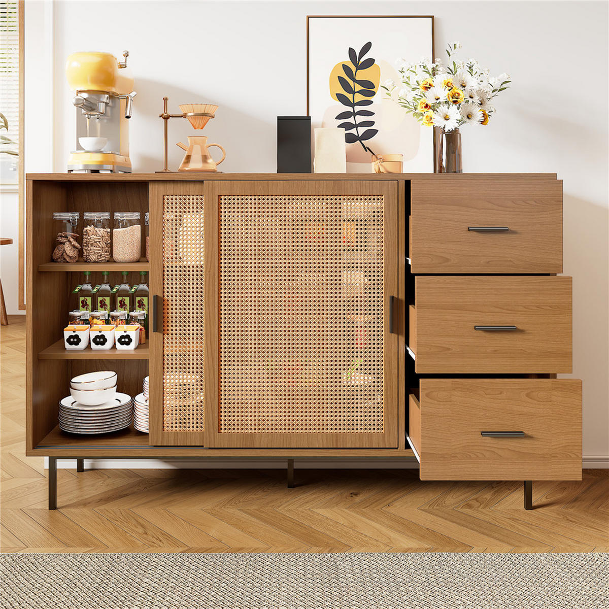 SIDEBOARD 140x91x37 cm Buffetschrank Schiebetüren 3 Schubladen - Naturfarben, Holz (140/91/37cm) - Kaket