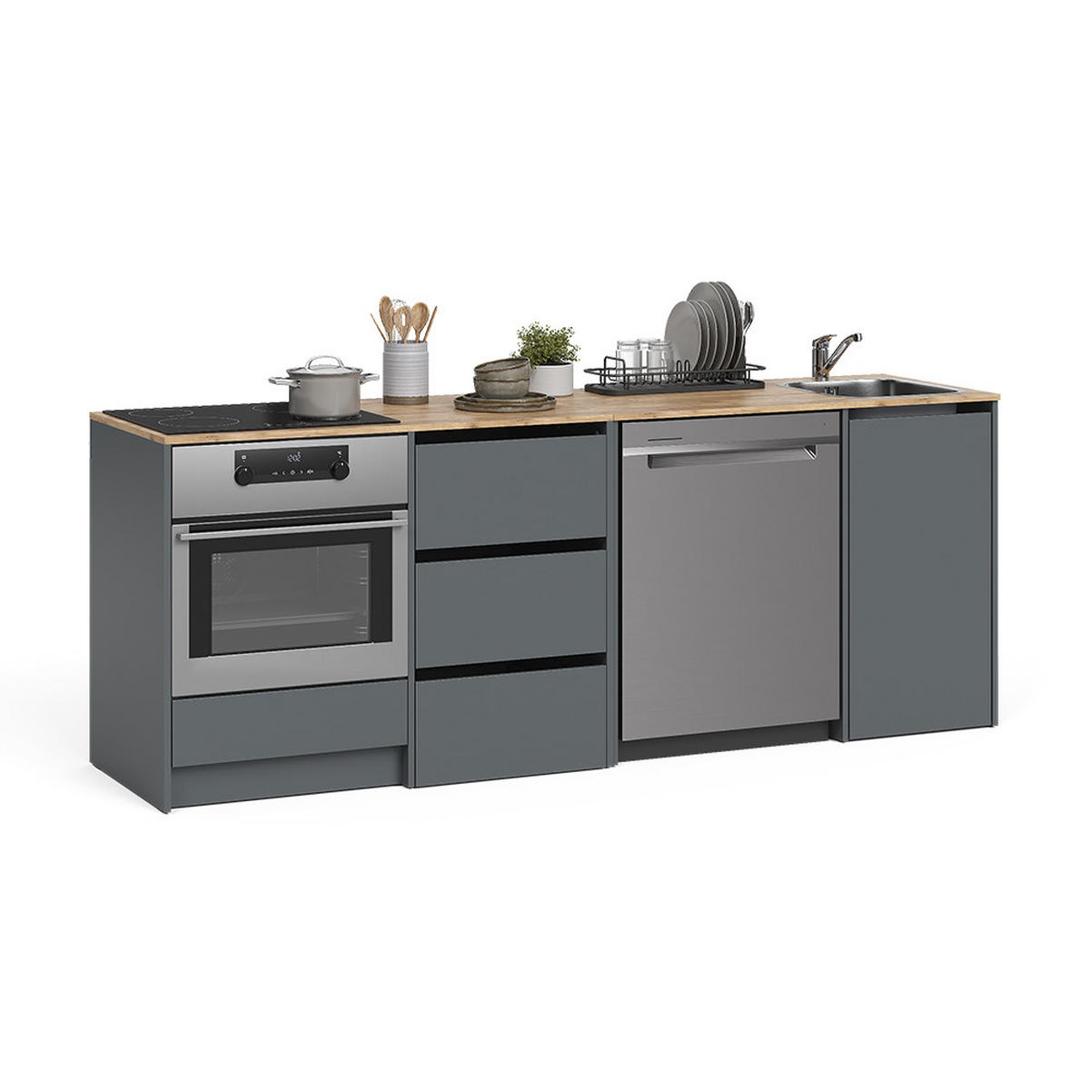 MINIKÜCHE Viktor, Anthrazit/Goldkraft Eiche, mit Spüle & Armatur - Honigeiche/Anthrazit, Holzwerkstoff (230.4/88.2/60.3cm) - Vicco