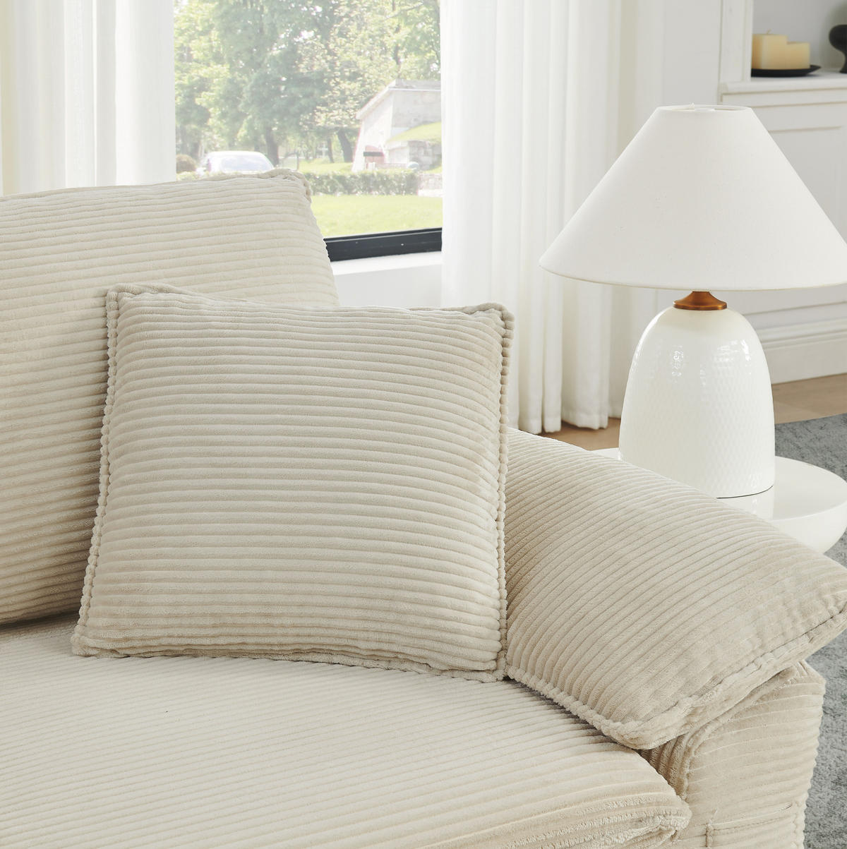 2-SITZER-BODENSOFA aus Stoff Beige ohne Montage mit Fußhocker und Aufbewahrungstaschen - Beige, Textil (156/65/206cm) - Modfu