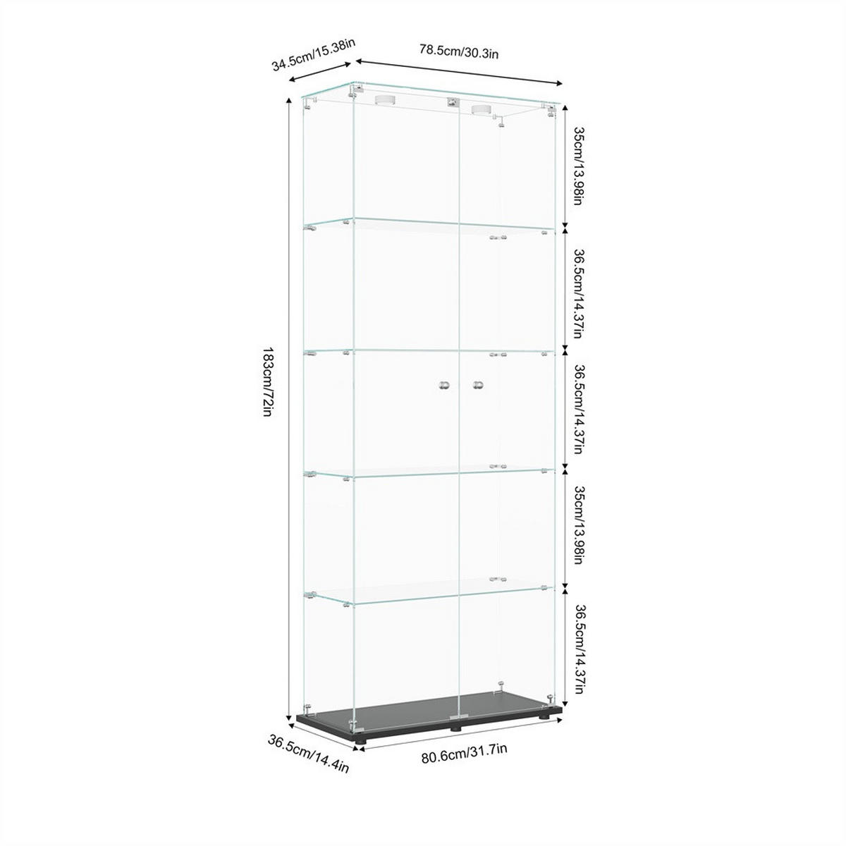 VITRINE - Glasvitrine mit 2 Türen und 5 Ebenen - integrierte LED-Beleuchtung - Schwarzer Holzboden - Schwarz, Glas (80.6/183/36.5cm) - DELFA