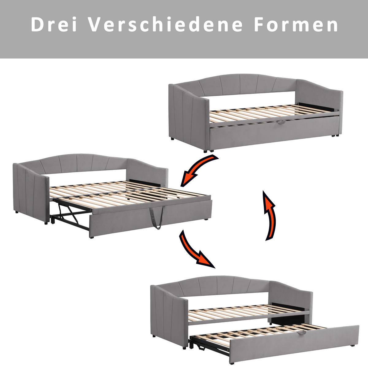 AUSZIEHBETT 90/180/200 cm DE-01584, in Grau - Grau, Holzwerkstoff (90/200cm) - ComfortXL
