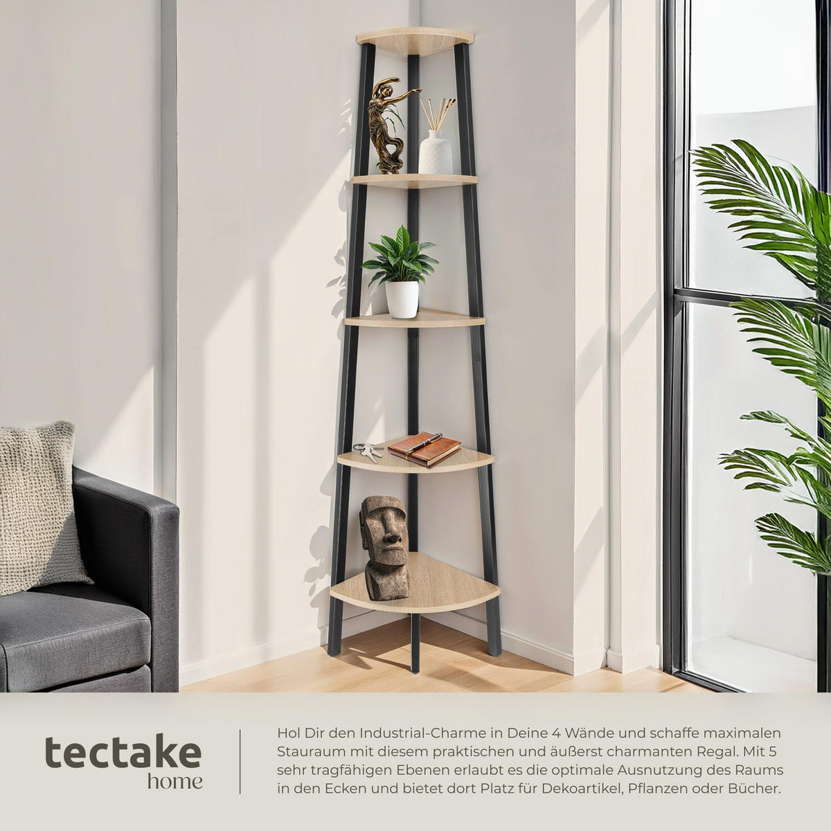 ECKREGAL Portland ,inklusive Kippschutz, 34 x 34 x 158,5 cm,Industrial Holz hell, Eiche Sonoma - Naturfarben, Holzwerkstoff (34/158.5/34cm) - tectake