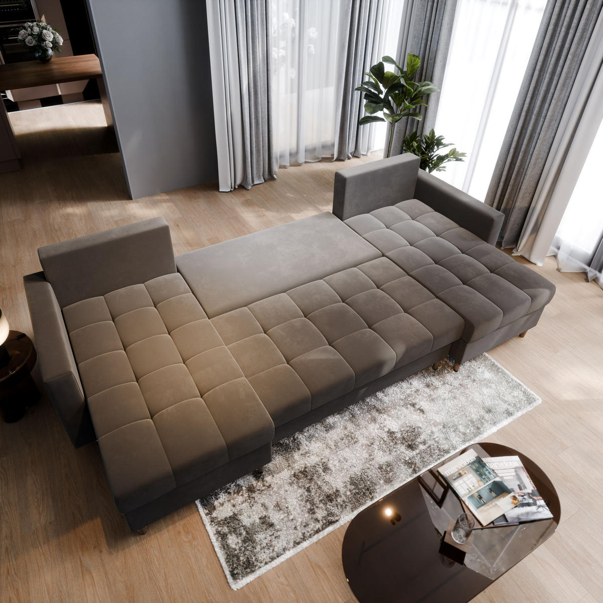 WOHNLANDSCHAFT MILO U Grün Plüsch-Stoff mit Schlaffunktion - Grün, Holz (285/91/140cm) - MASSENO