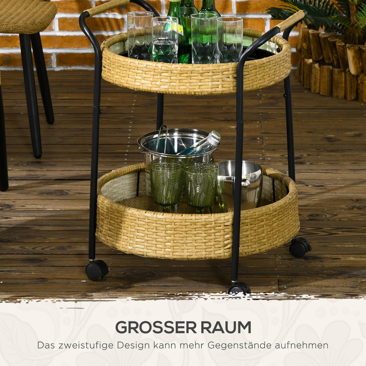KÜCHENWAGEN 2 ETAGEN, Outdoor Barwagen mit Rollen, Polyrattan Natur - Gelb, Holzwerkstoff (50/66/50cm) - Rolipo