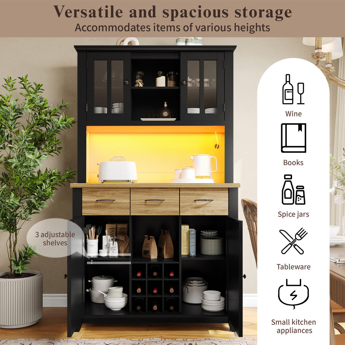 KÜCHENBUFFET mit LED-Beleuchtung, Glaselementen und verstellbaren Einlegeböden, 106 x 40 x 179,5 cm, Schwarz, MDF - Schwarz, Holzwerkstoff (106/179.5/40cm) - SONNENH